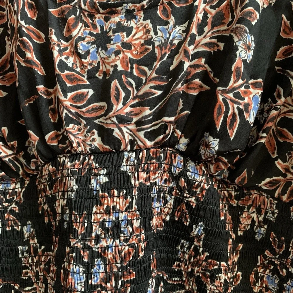 Free People Santiago Top S Floral Cropped Shirt Blouse SmockedRuched Sleeve SZ-M